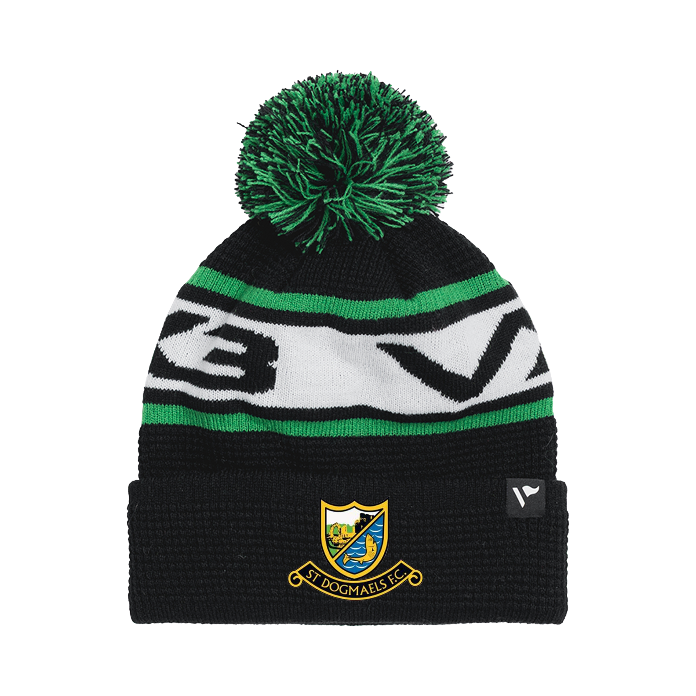 St Dogmaels Junior F.C. Waffle Knit Bobble Hat - Black/Emerald/White