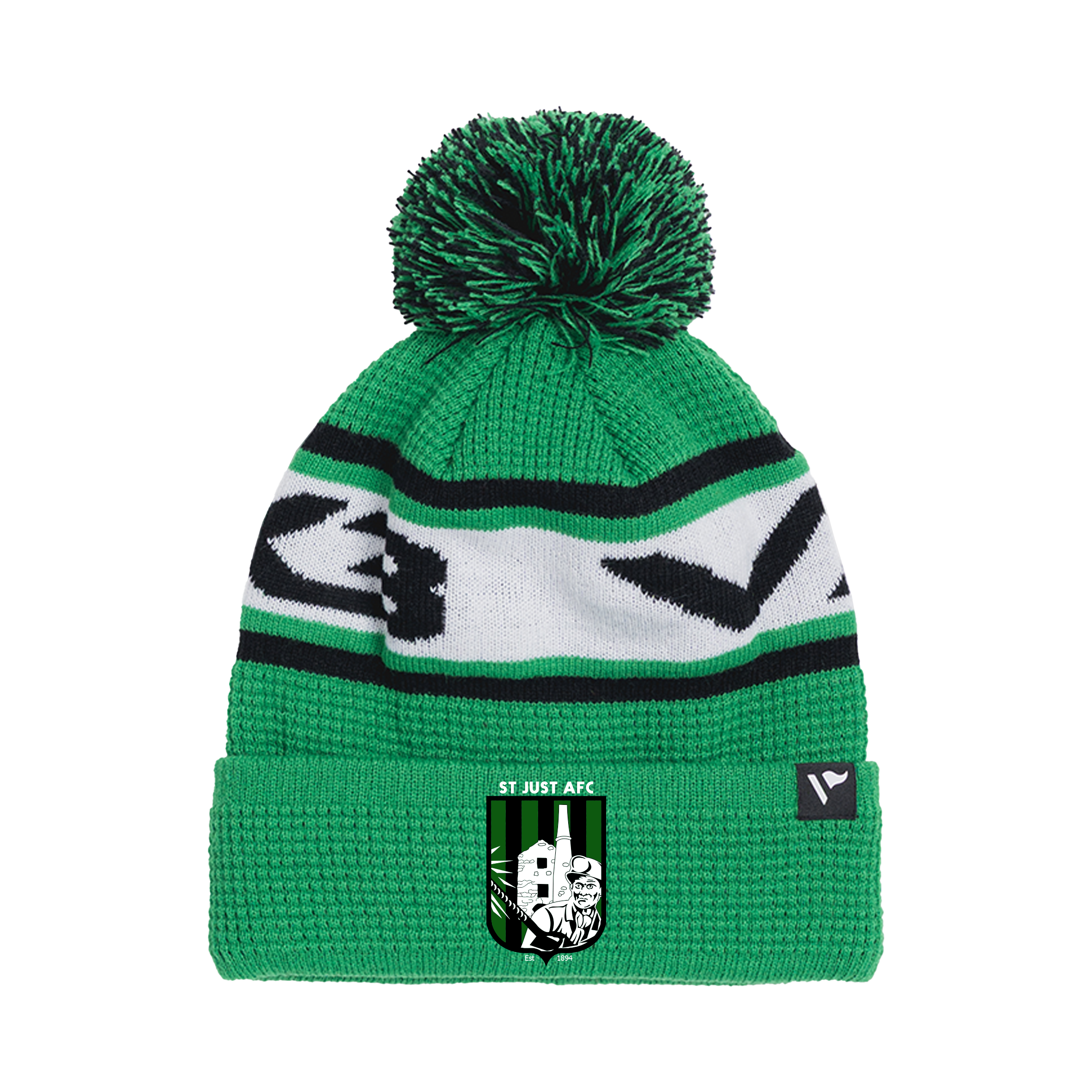 St Just AFC Seniors  Waffle Knit Bobble Hat - Emerald/Black/White