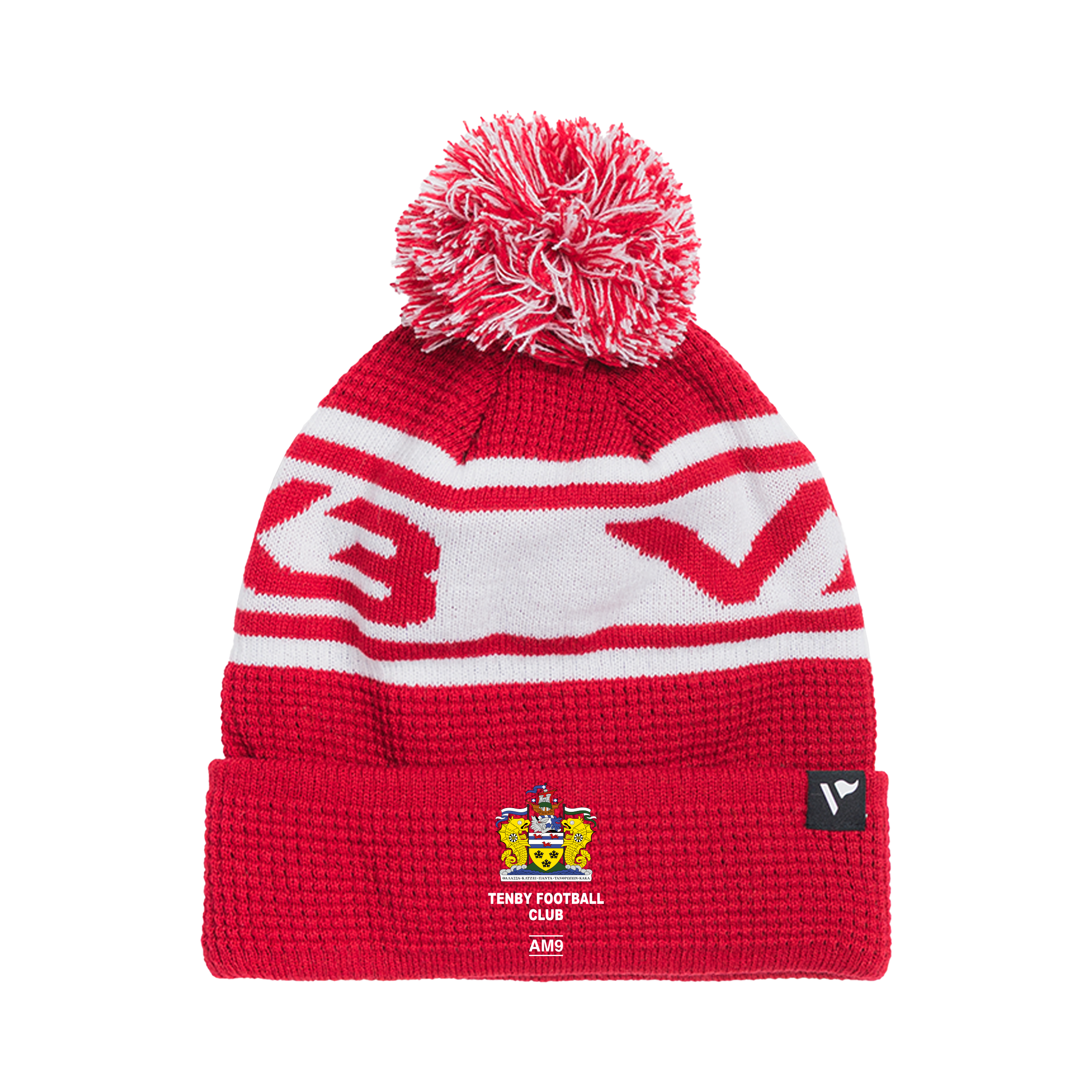 Tenby FC Waffle Knit Bobble Hat - Red/White