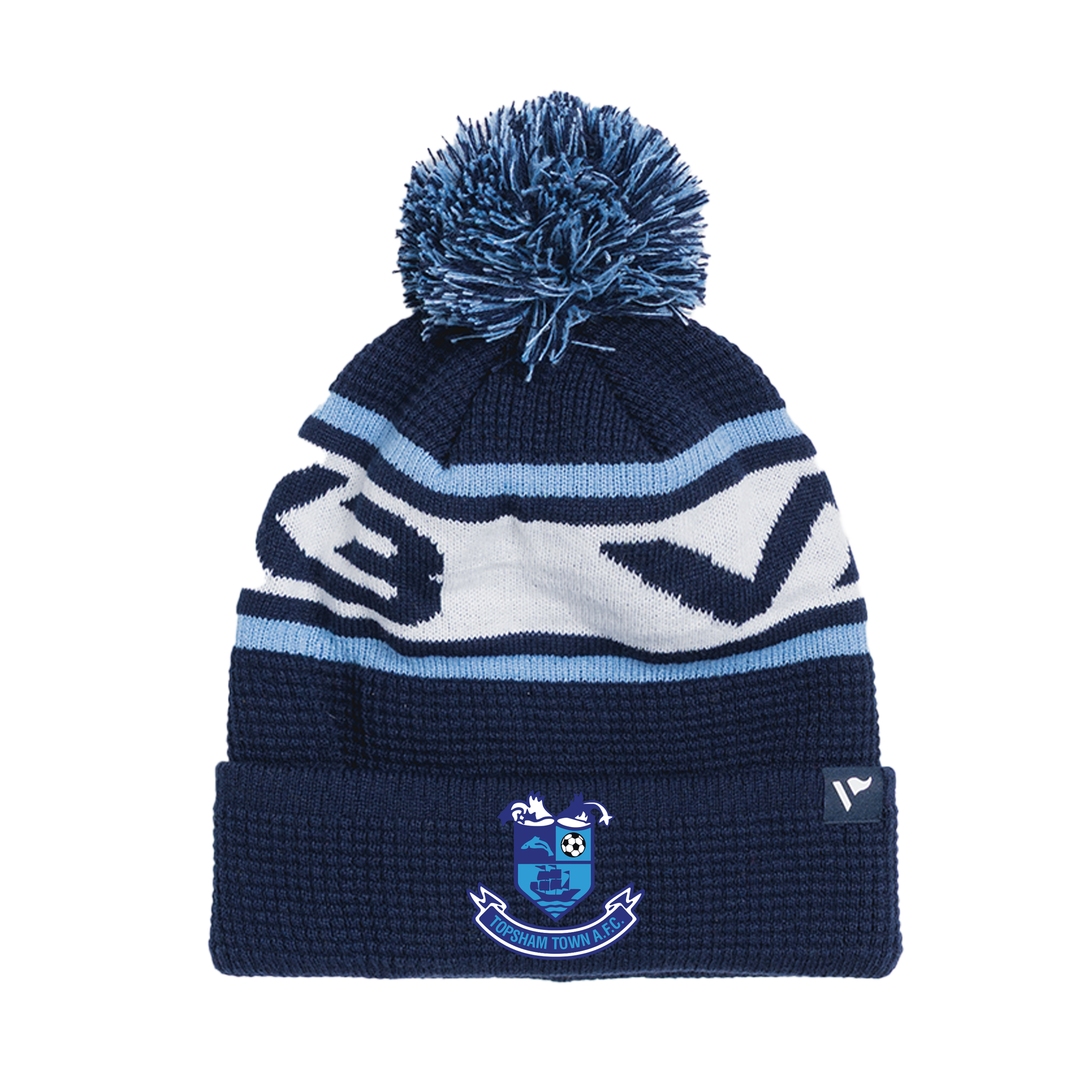Topsham Town FC Waffle Knit Bobble Hat - Navy/Sky/White