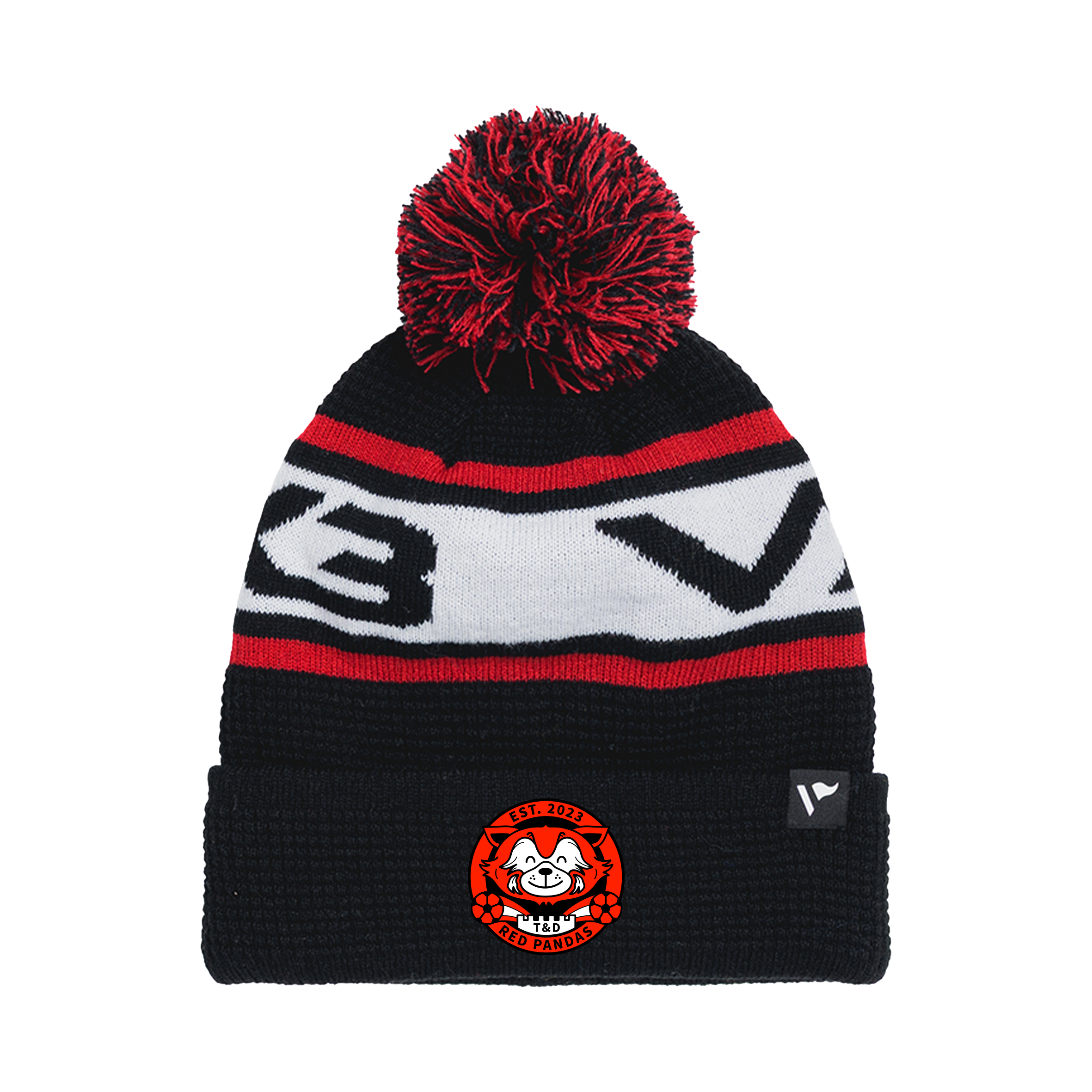 Totnes & Dartington Red Pandas Waffle Knit Bobble Hat - Black/Red/White