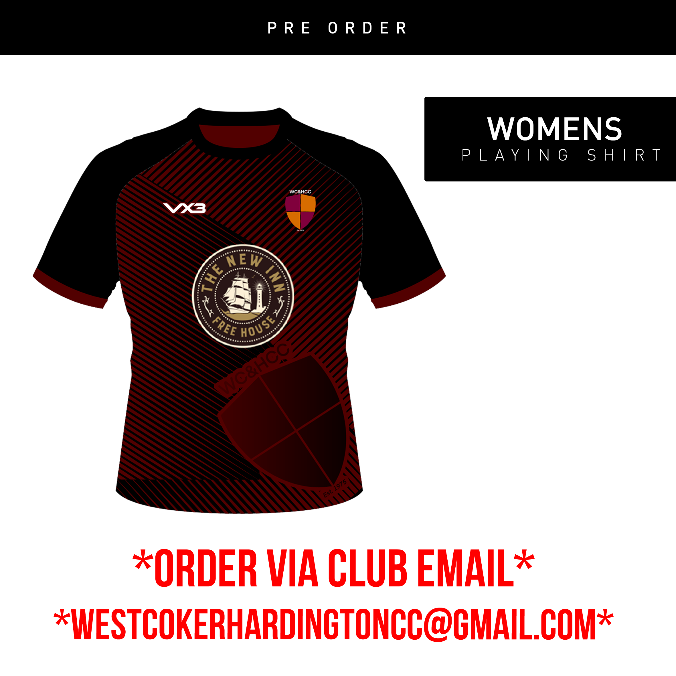 WEST COKER AND HARDINGTON CRICKET CLUB SUBLIMATED TEE COLOUR: BLACK/MAROON - ADULTS