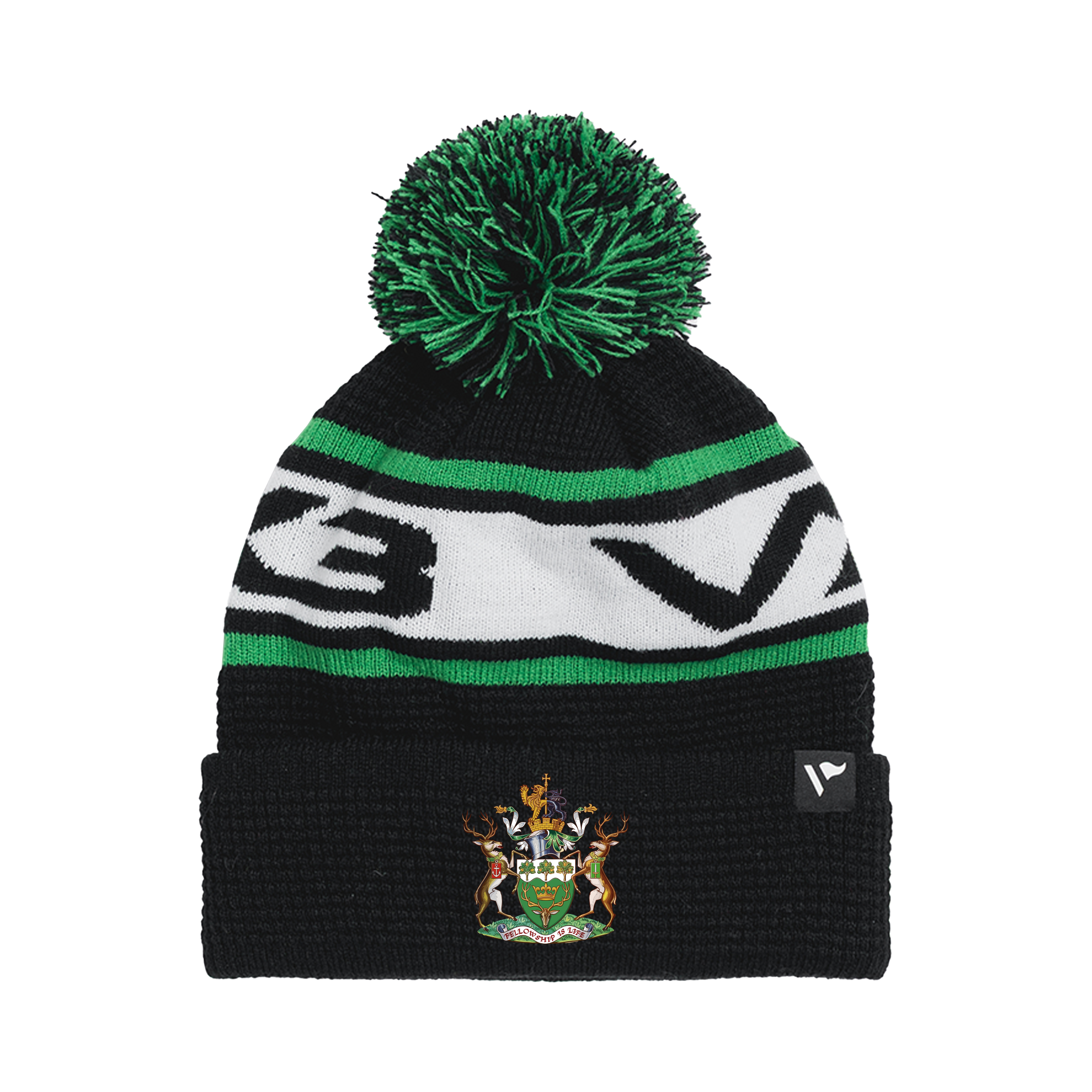 Waltham Forest District Waffle Knit Bobble Hat - Black/Emerald/White