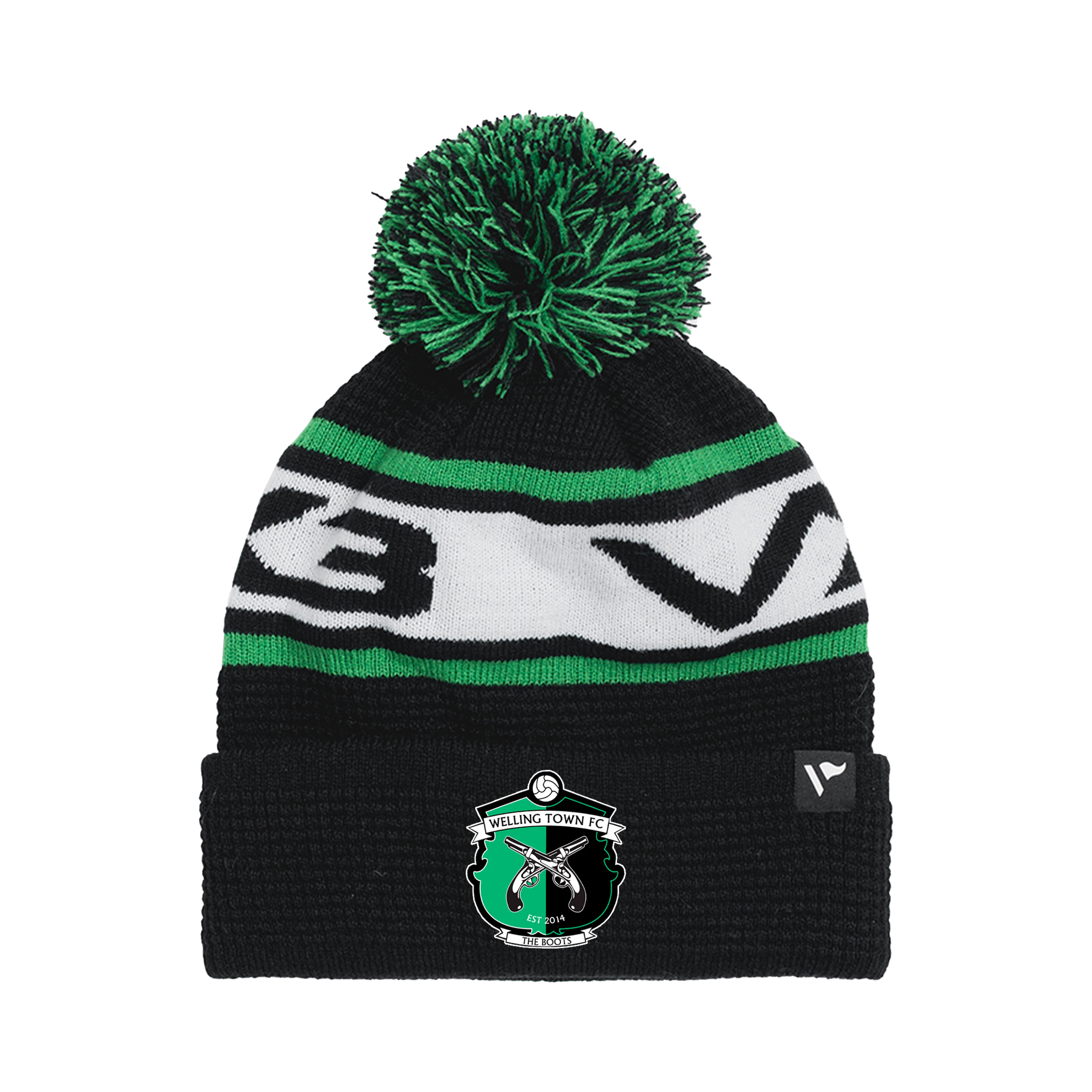 Welling Town FC Waffle Knit Bobble Hat - Black/Emerald/White