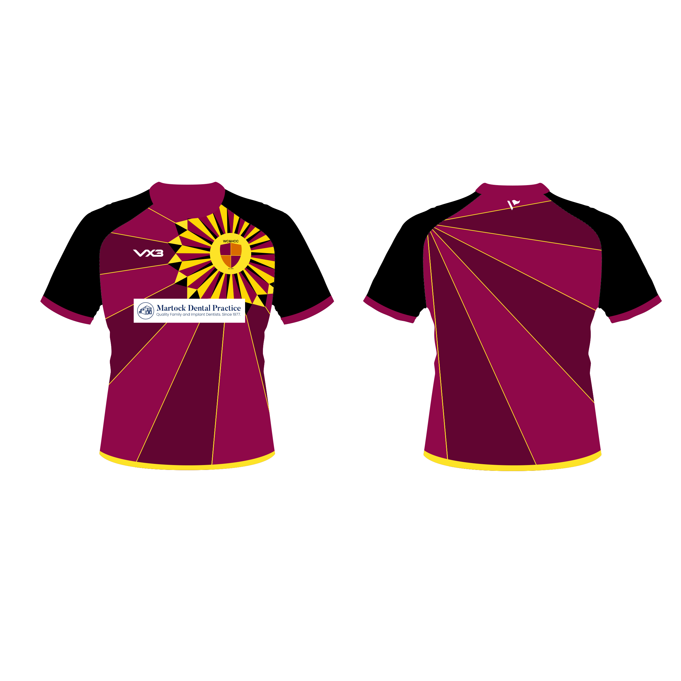 WEST COKER AND HARDINGTON CRICKET CLUB SUBLIMATED TEE COLOUR: NEW CERISE/YELLOW/BLACK