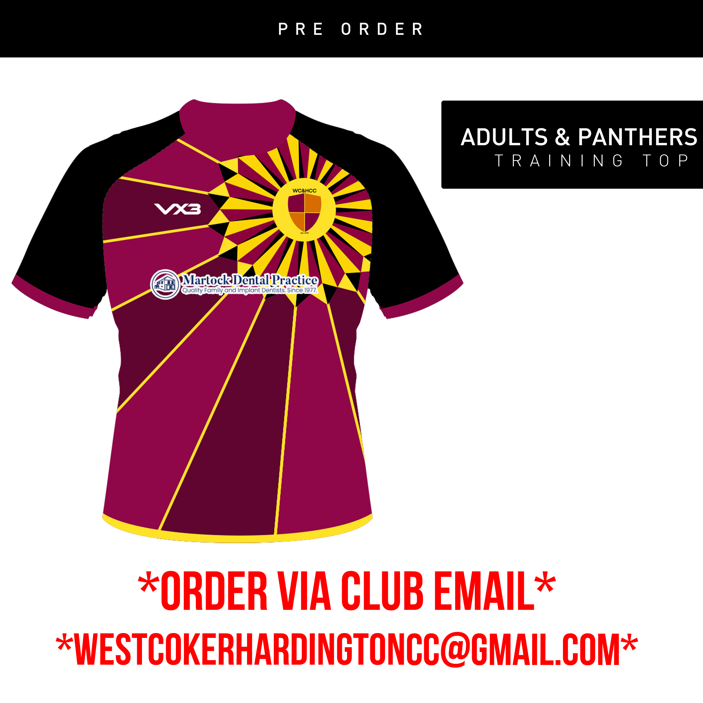 WEST COKER AND HARDINGTON CRICKET CLUB SUBLIMATED TEE COLOUR: NEW CERISE/YELLOW/BLACK