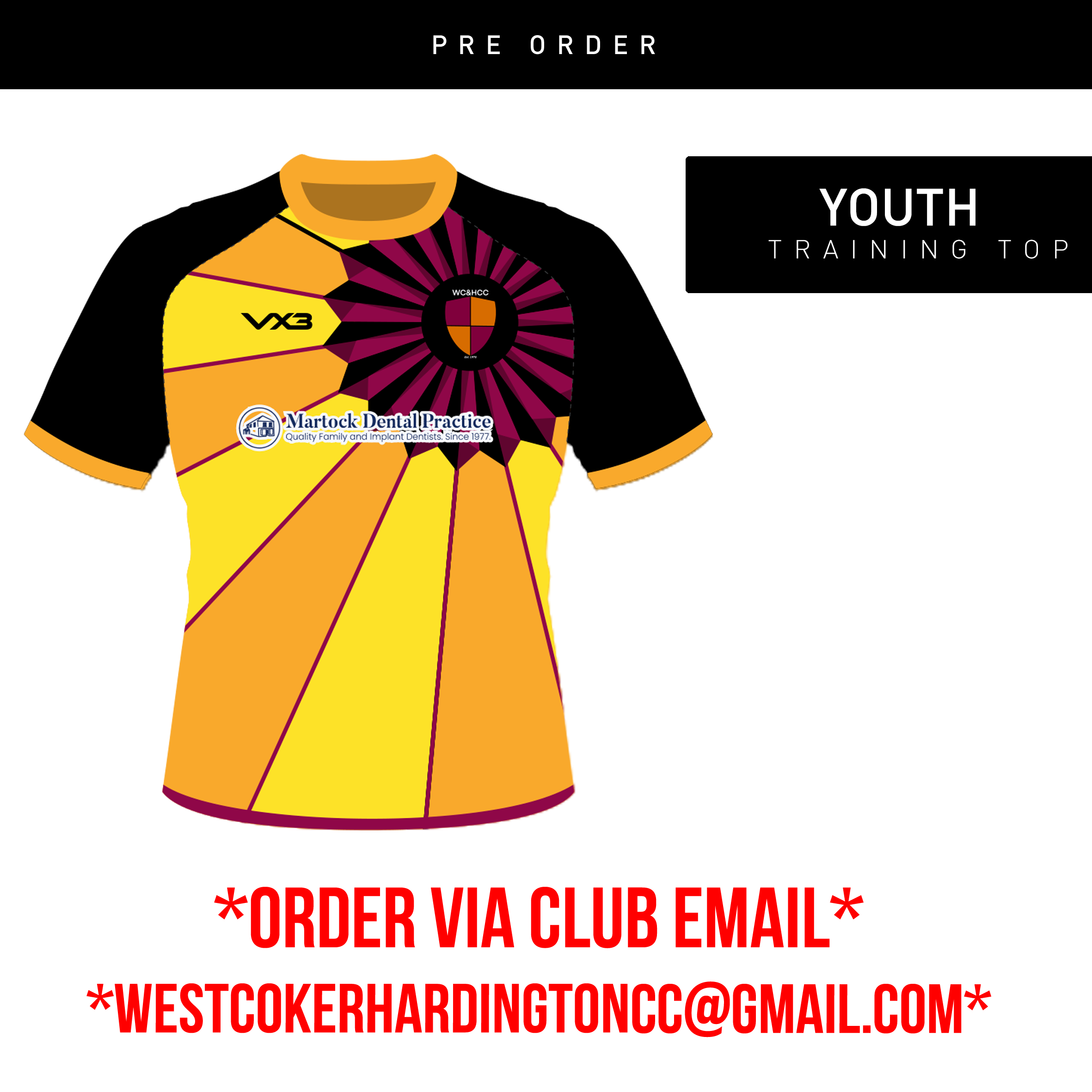 WEST COKER AND HARDINGTON CRICKET CLUB SUBLIMATED TEE COLOUR: YELLOW/AMBER/BLACK/NEW CERISE