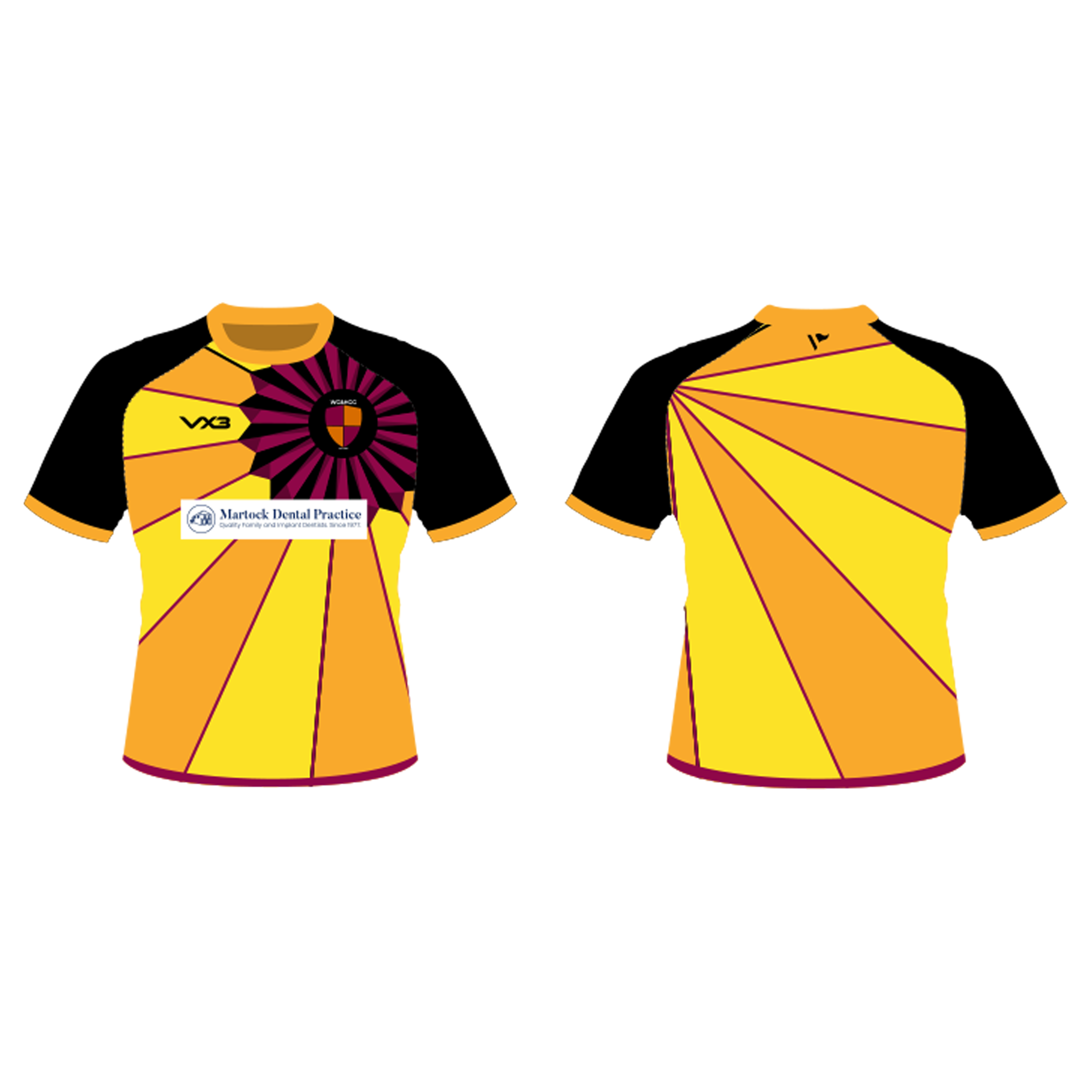WEST COKER AND HARDINGTON CRICKET CLUB SUBLIMATED TEE COLOUR: YELLOW/AMBER/BLACK/NEW CERISE