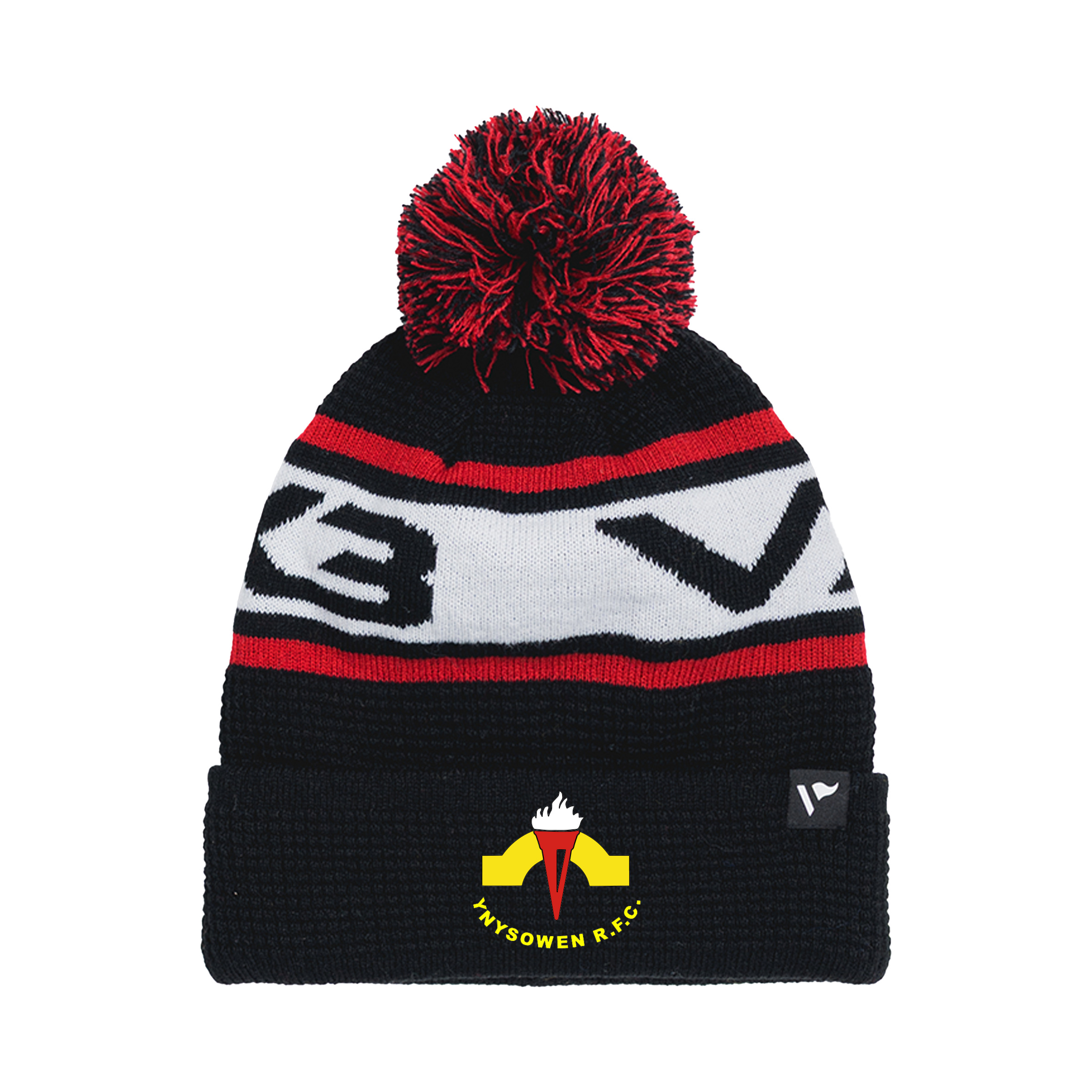 Ynysowen RFC Waffle Knit Bobble Hat - Black/Red/White