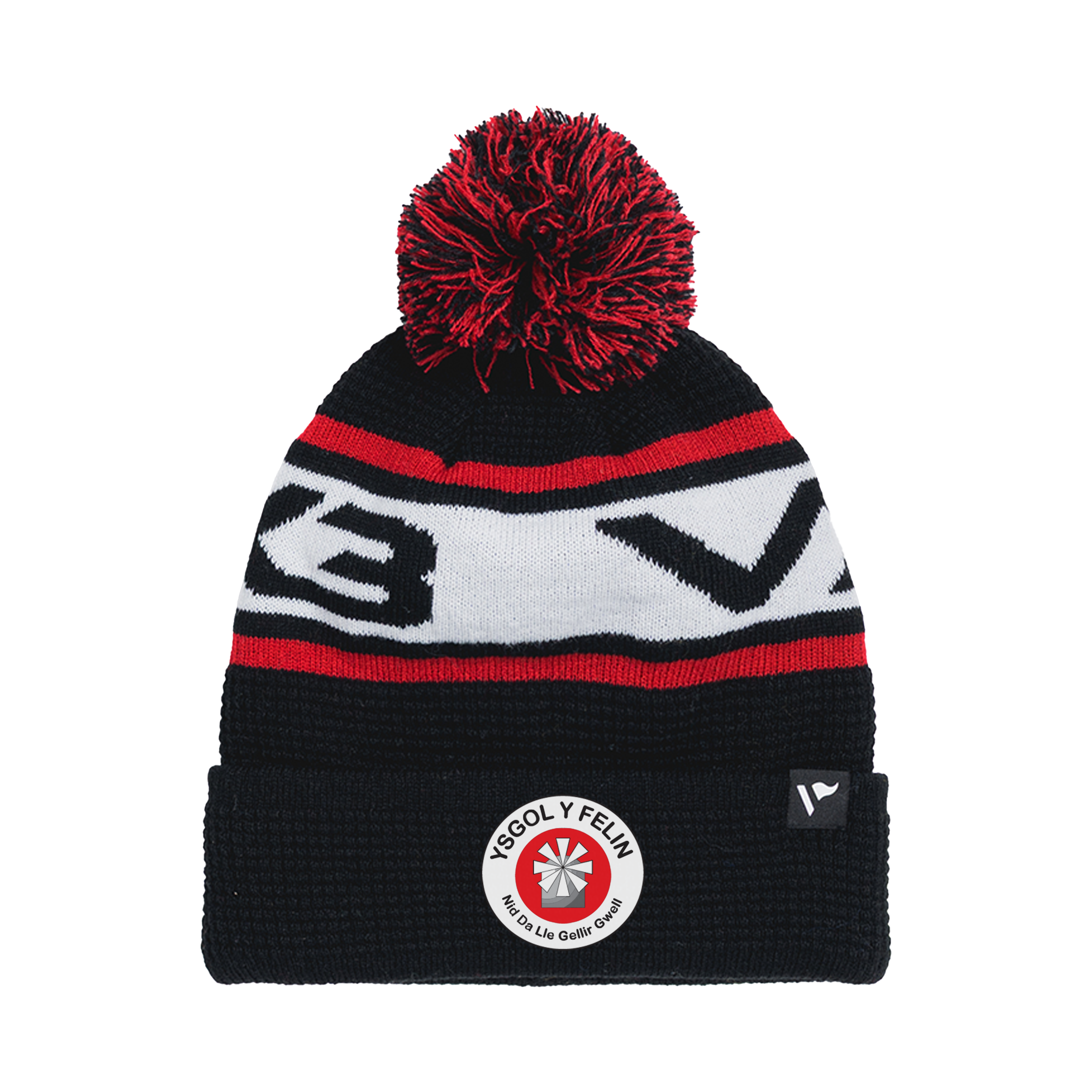Ysgol Y Felin Waffle Knit Bobble Hat - Black/Red/White