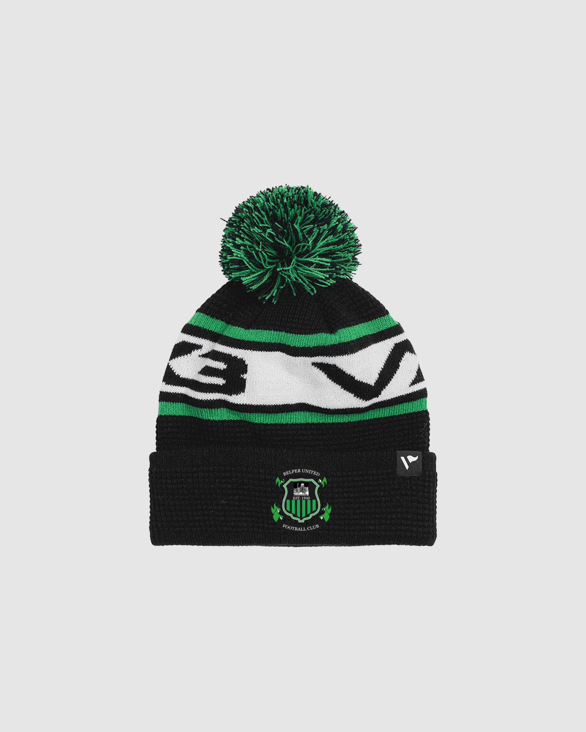 Belper United FC Waffle Knit Bobble Hat - Black/Emerald/White