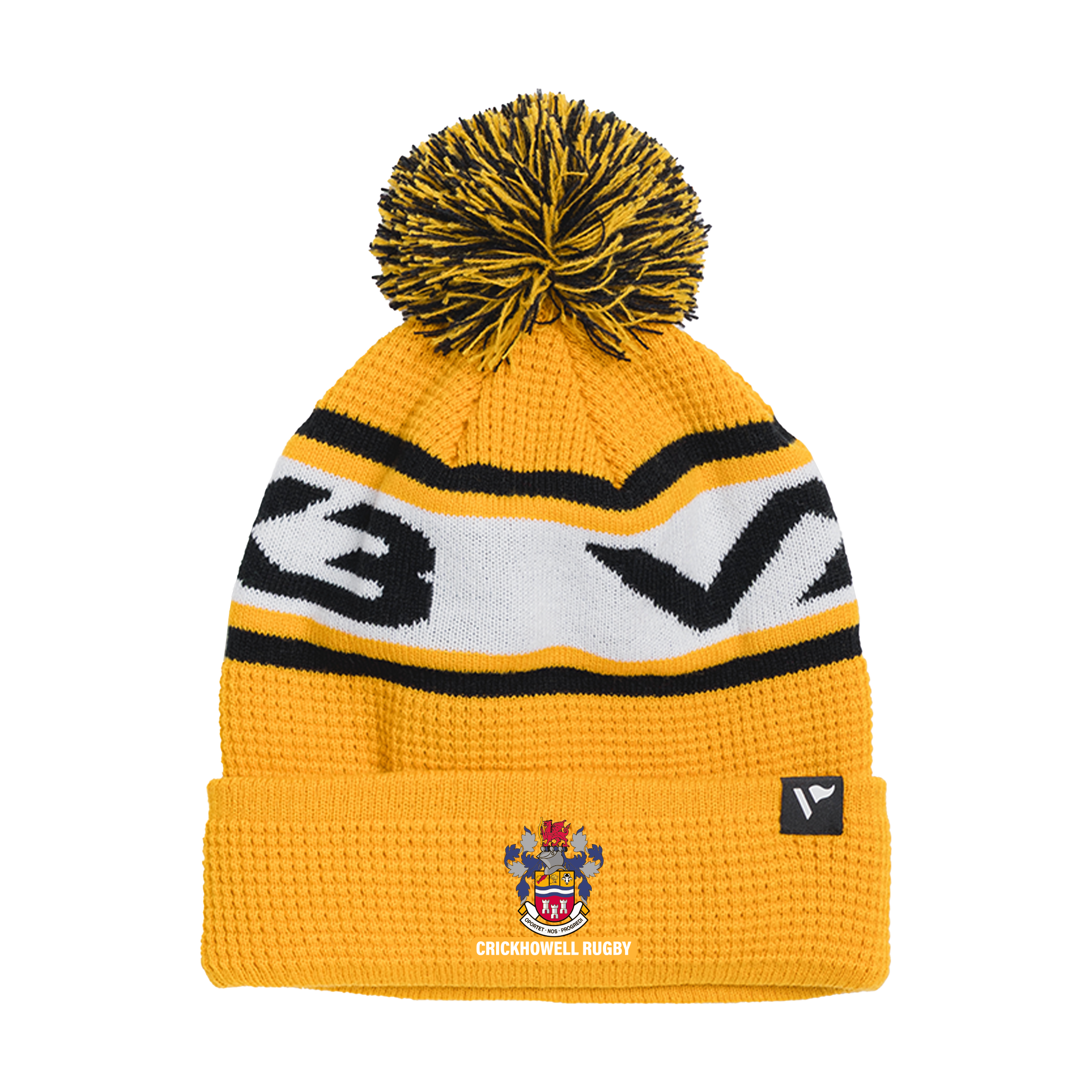 Crickhowell RFC Warriors Waffle Knit Bobble Hat - Amber/Black/White