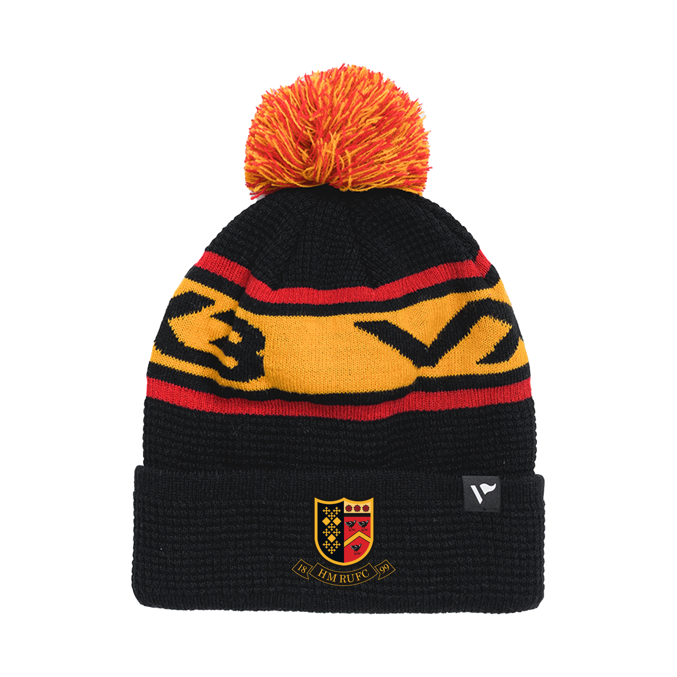 Heaton Moor RUFC Waffle Knit Bobble Hat - Black/Amber/Red
