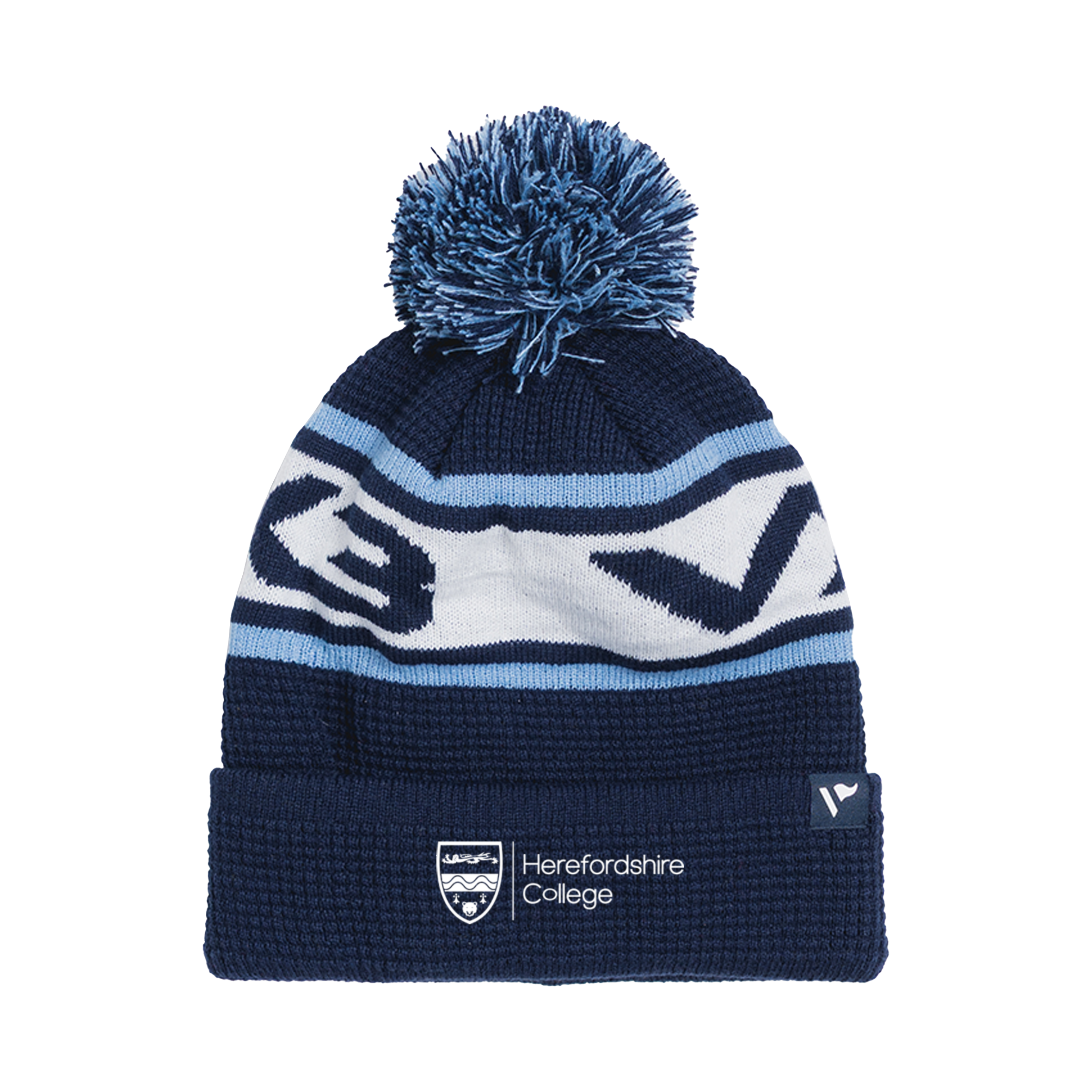 Herefordshire College University Waffle Knit Bobble Hat - Navy/Sky/White