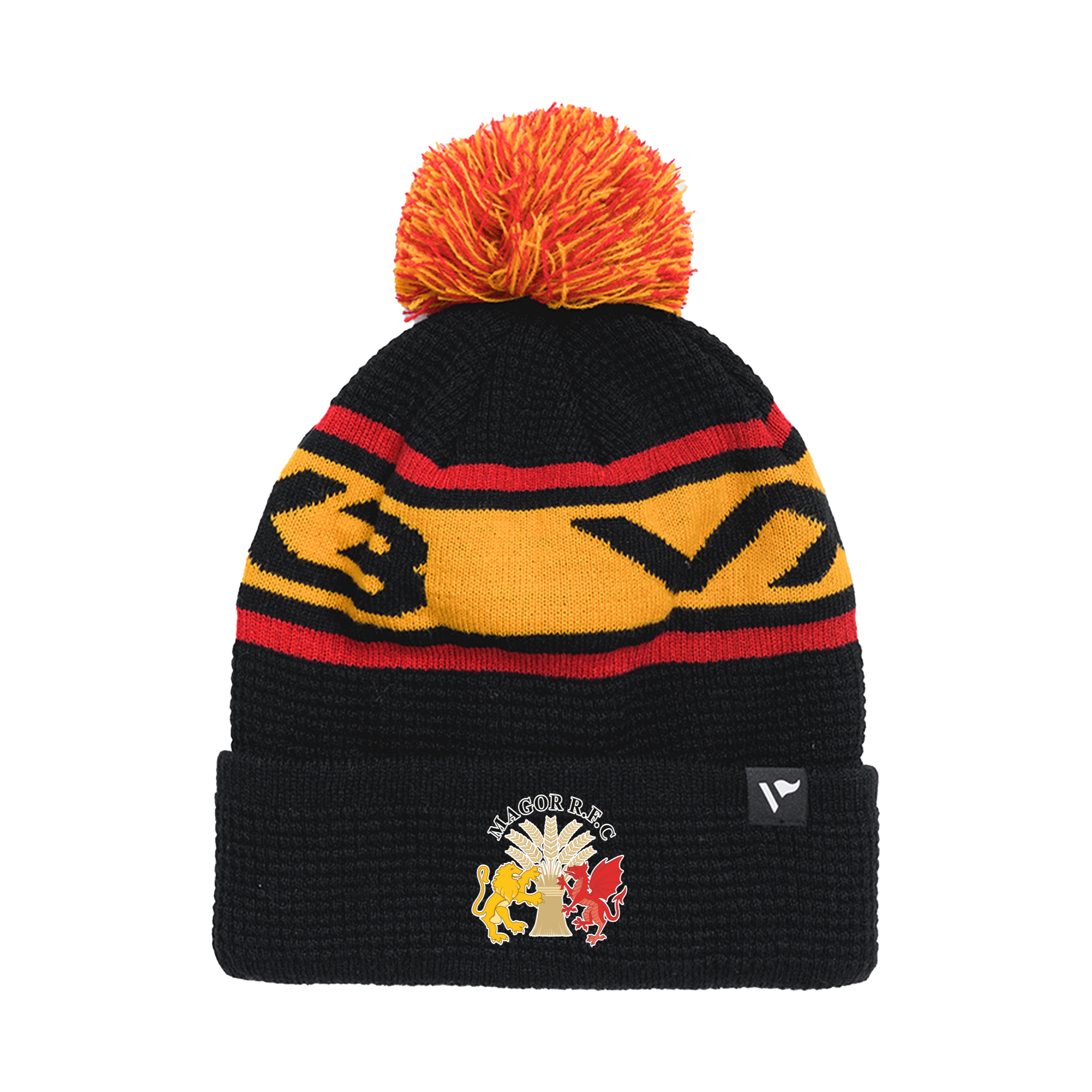 Magor RFC Waffle Knit Bobble Hat - Black/Amber/Red