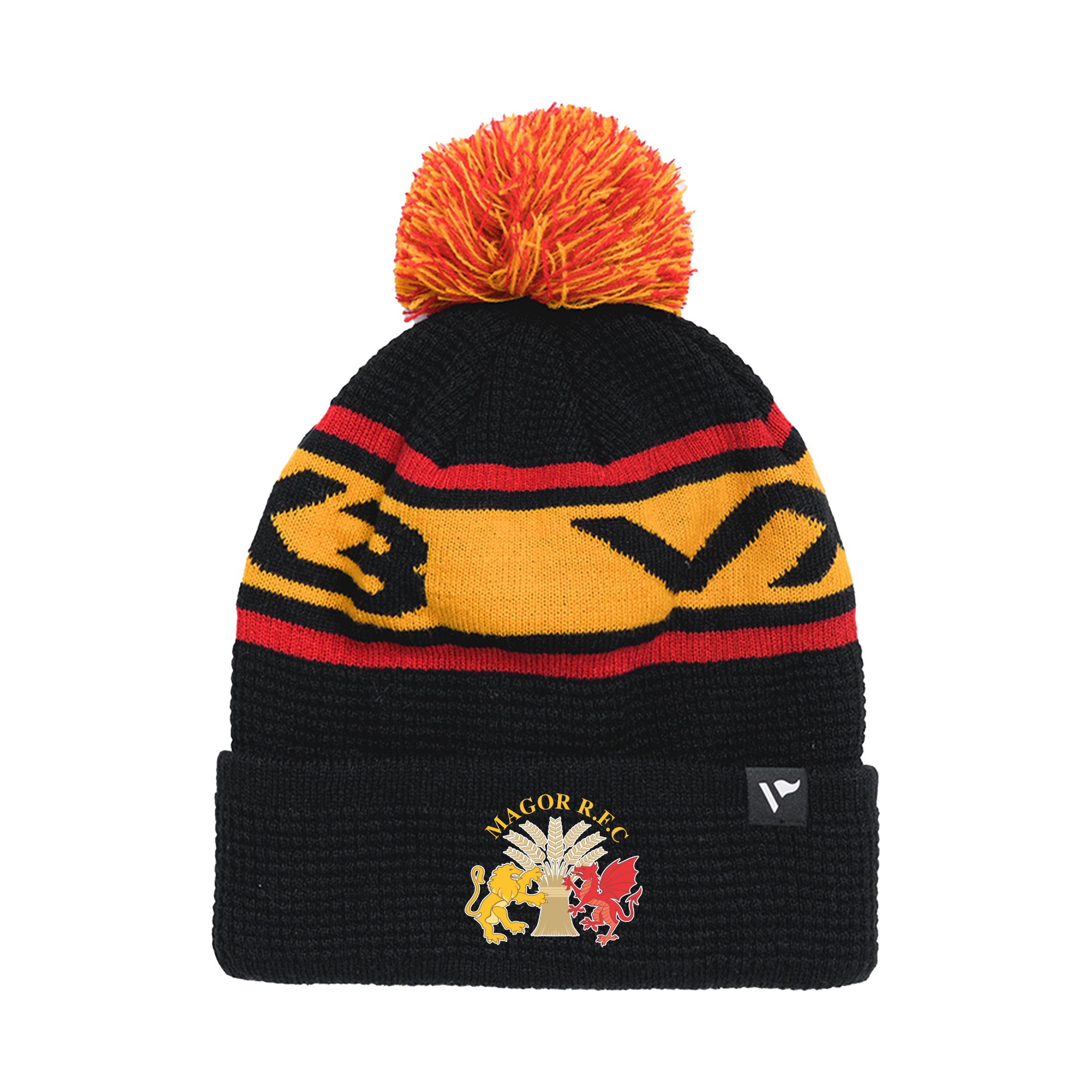 Magor RFC Waffle Knit Bobble Hat - Black/Amber/Red