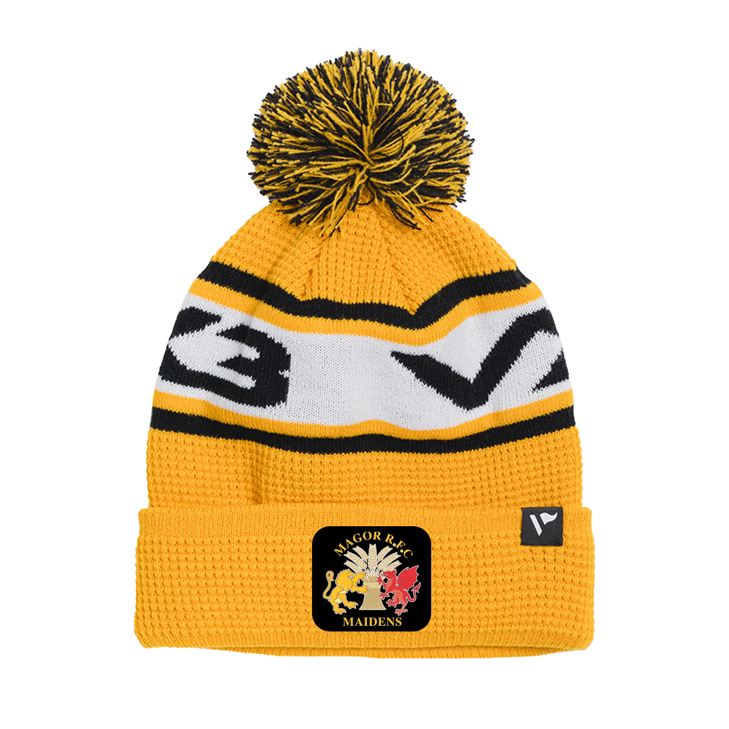 Magor RFC Maidens Waffle Knit Bobble Hat -Amber/Black/White