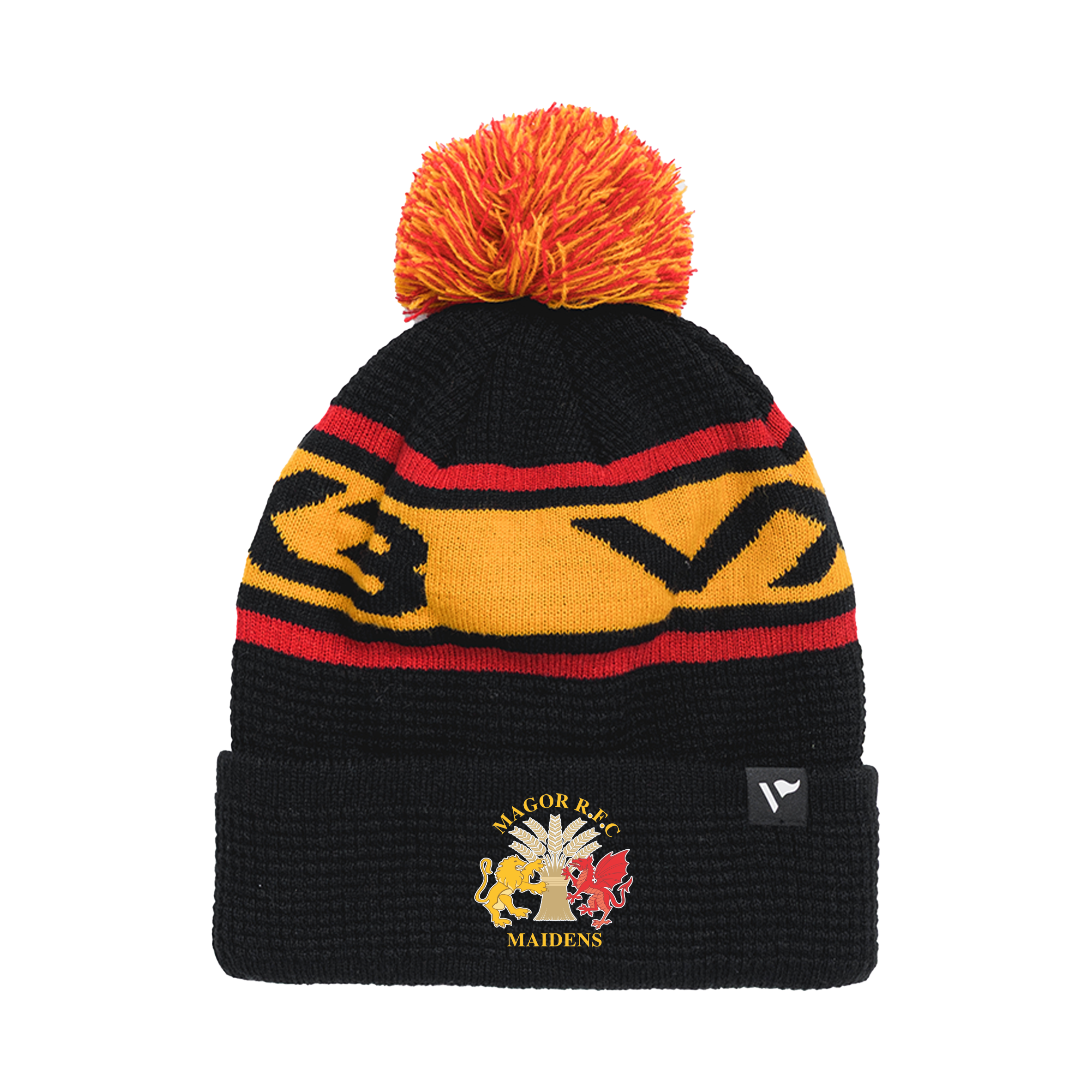 Magor RFC Maidens Waffle Knit Bobble Hat -Black/Amber/Red