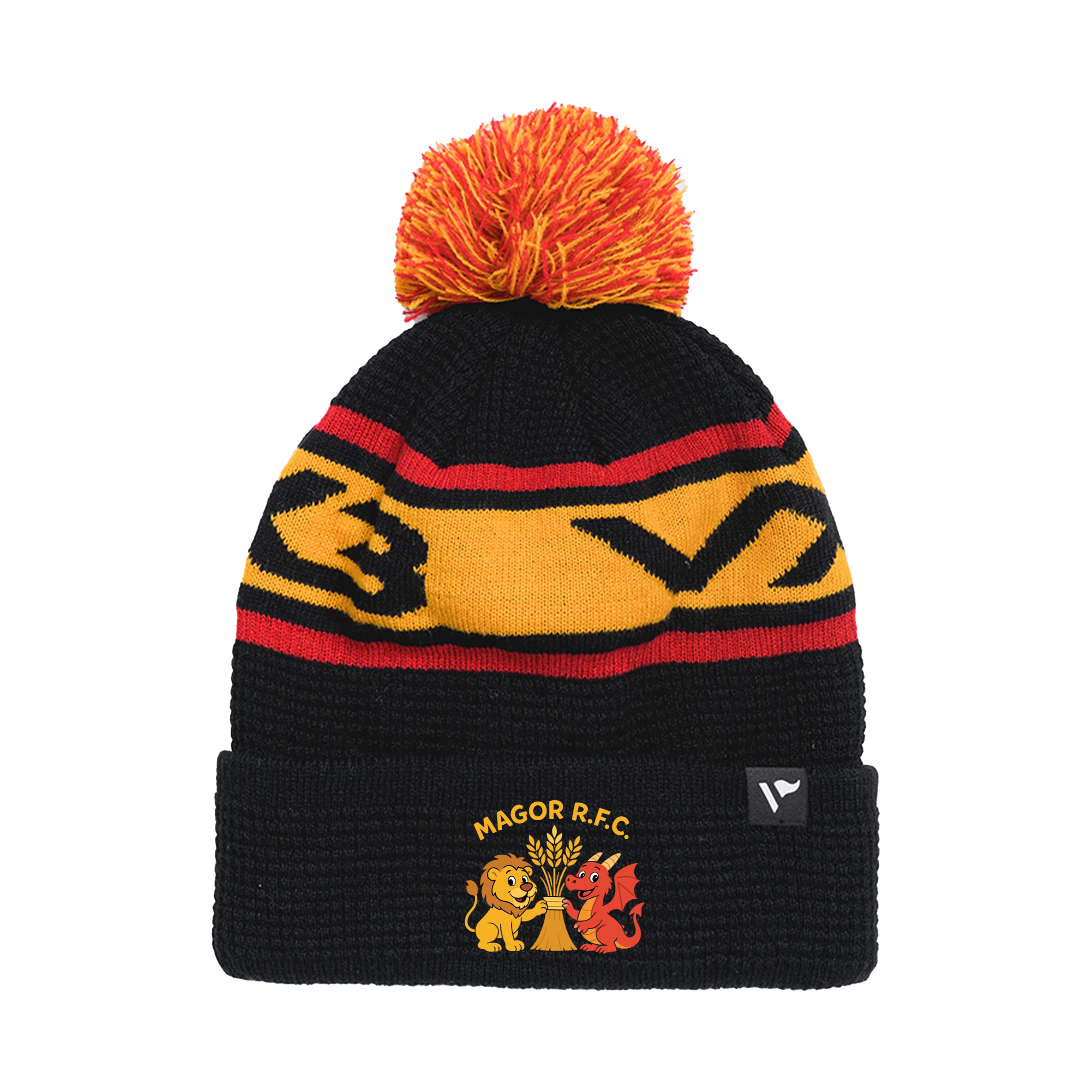 Magor RFC Minis Waffle Knit Bobble Hat - Black/Amber/Red