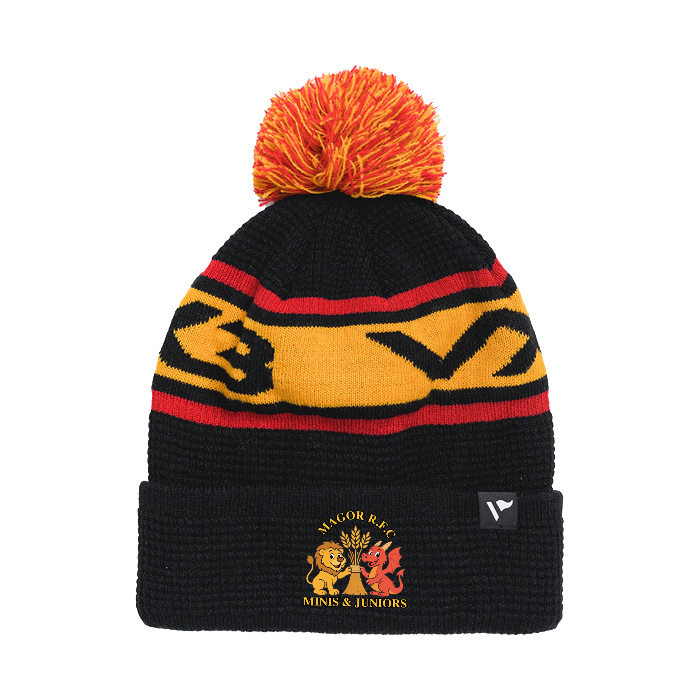 Magor RFC Minis Waffle Knit Bobble Hat - Black/Amber/Red