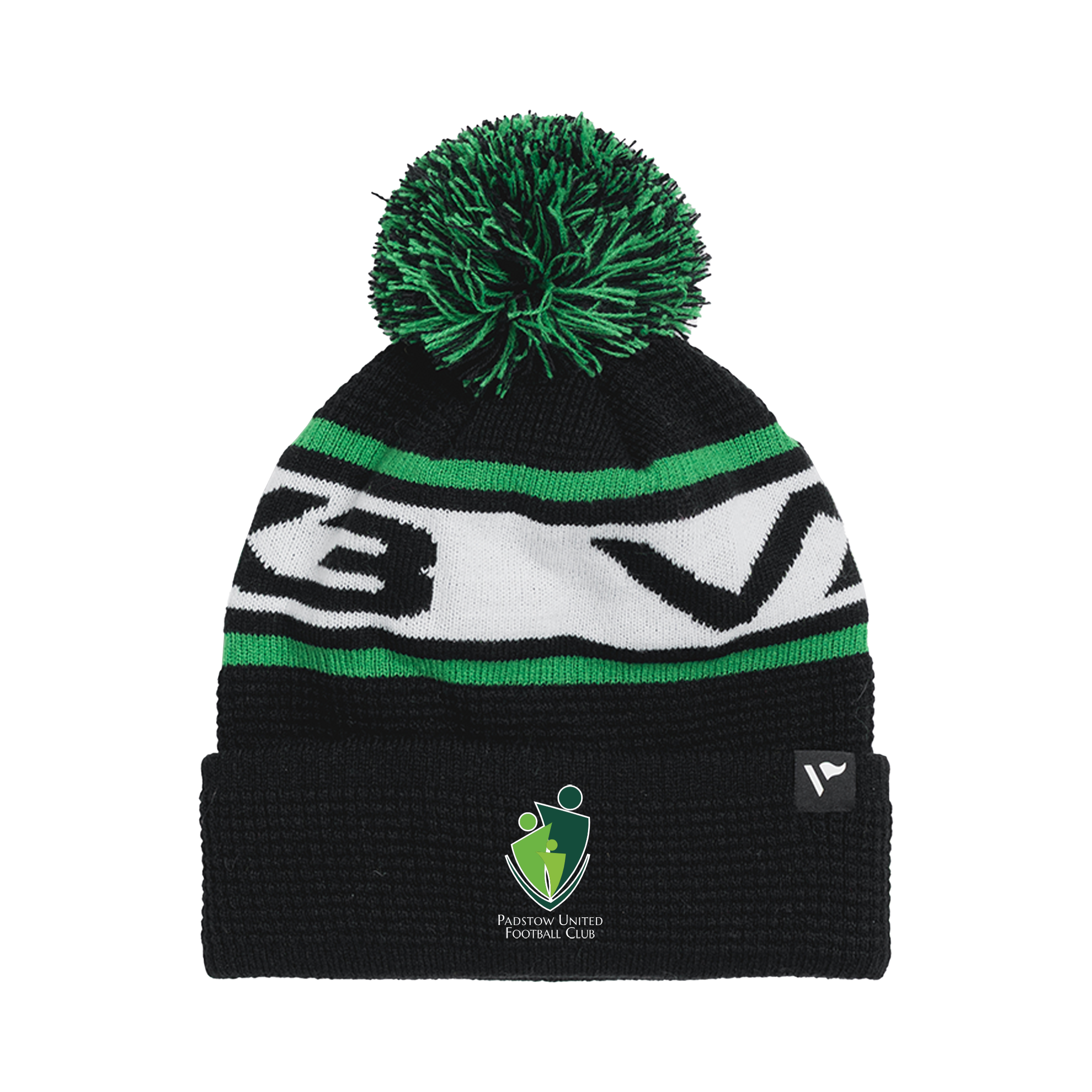Padstow United FC Waffle Knit Bobble Hat - Black/Emerald/White