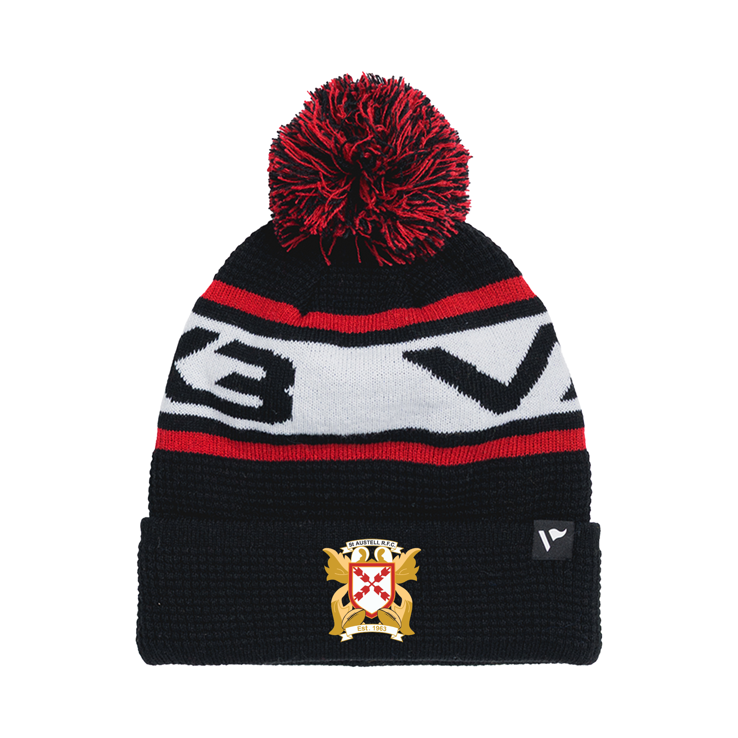 St Austell RFC Waffle Knit Bobble Hat - Black/Red/white