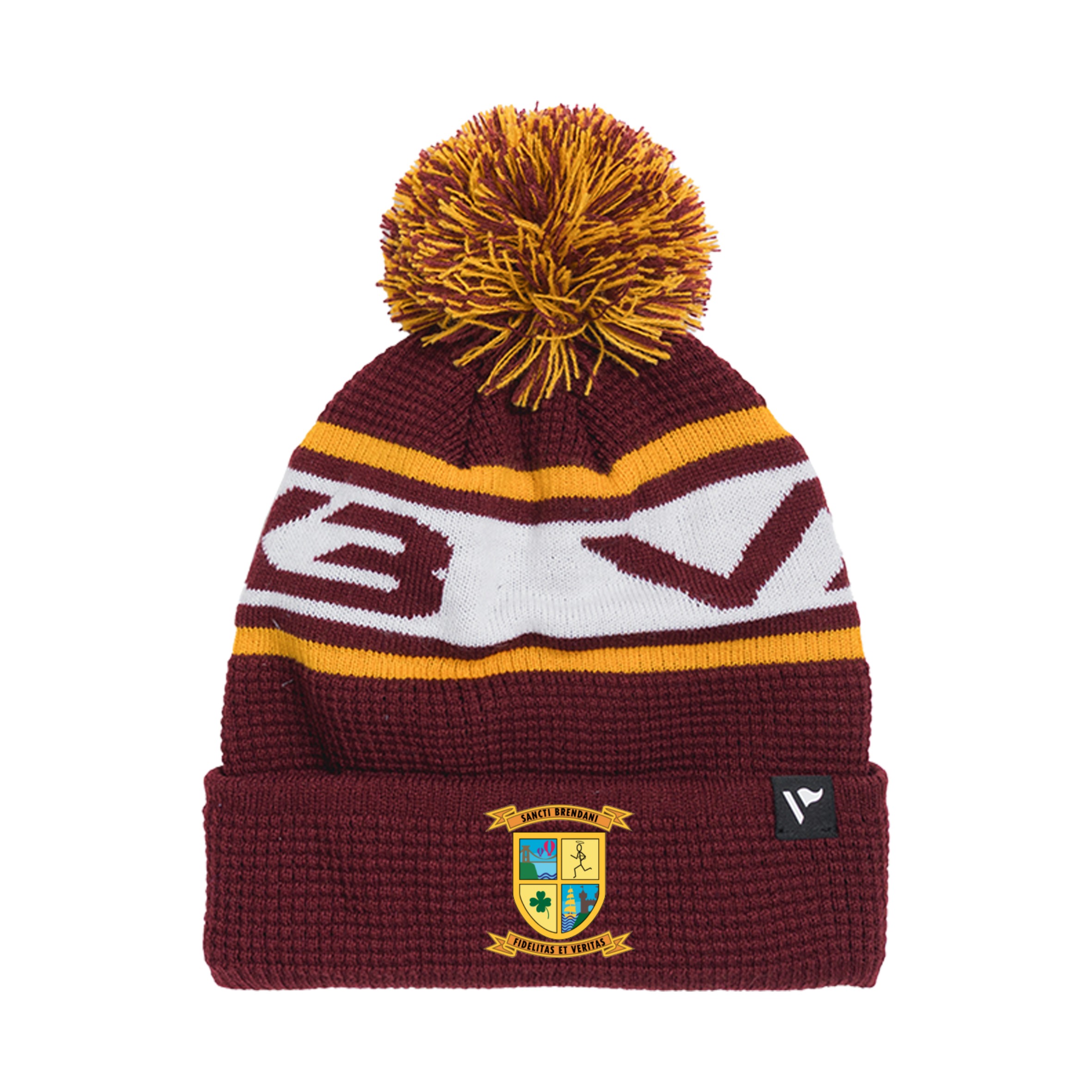 St Brendan's RFC Waffle Knit Bobble Hat - Maroon/Amber/White