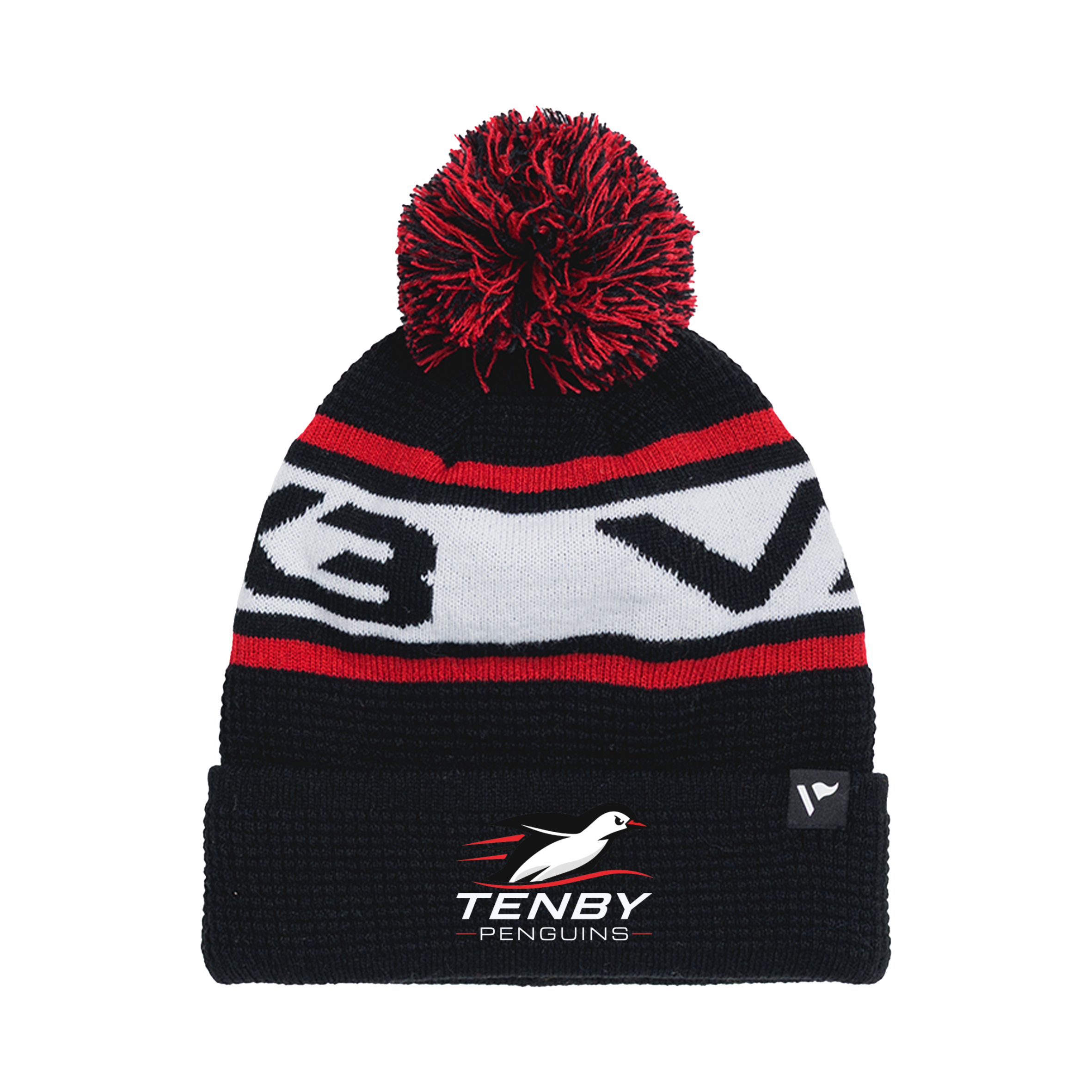 Tenby Penguins Waffle Knit Bobble Hat - Black/Red/White