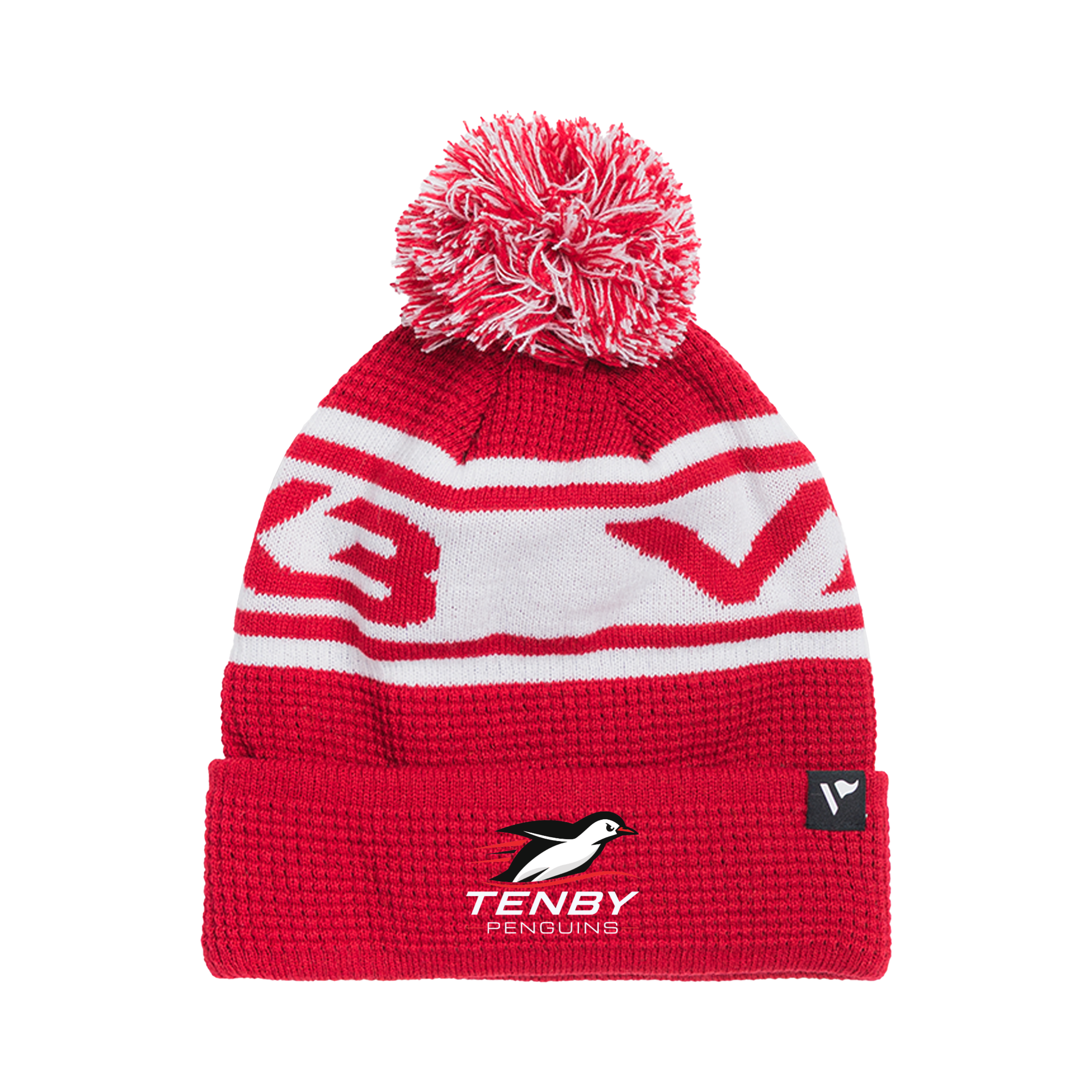 Tenby Penguins Waffle Knit Bobble Hat -Red/White