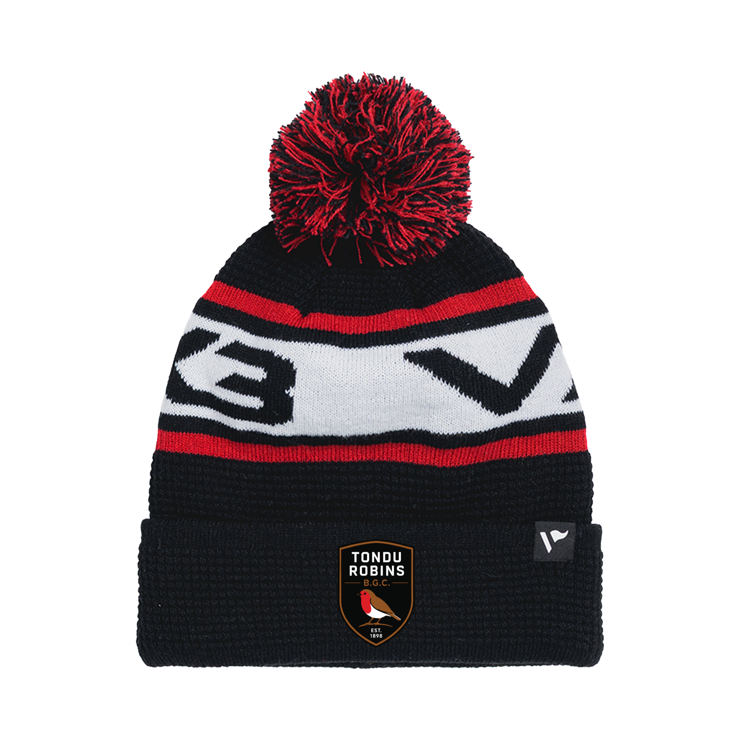 Tondu Robins BGC Waffle Knit Bobble Hat - Black/White/Red