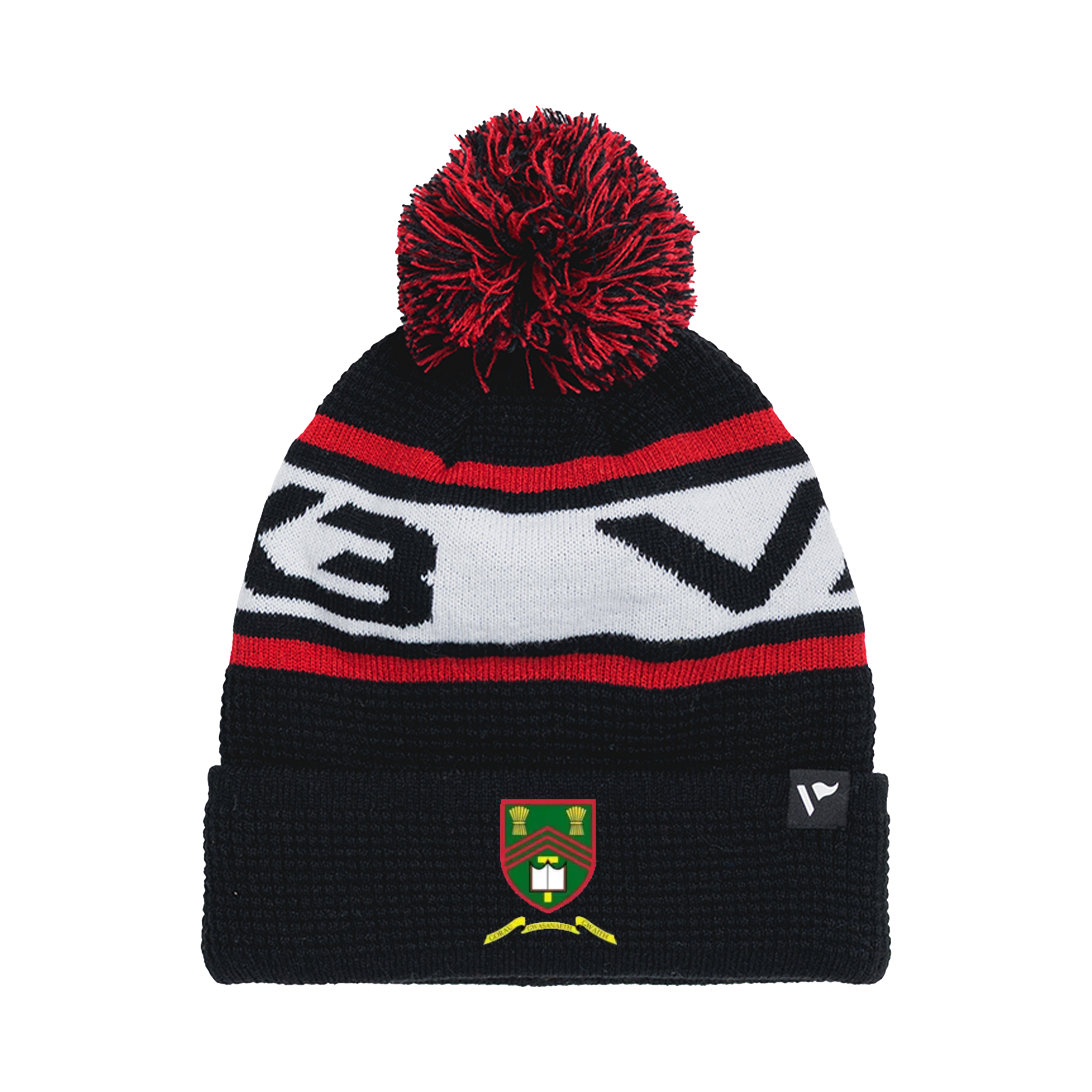 Ysgol Llanhari Waffle Knit Bobble Hat - Black/Red/White