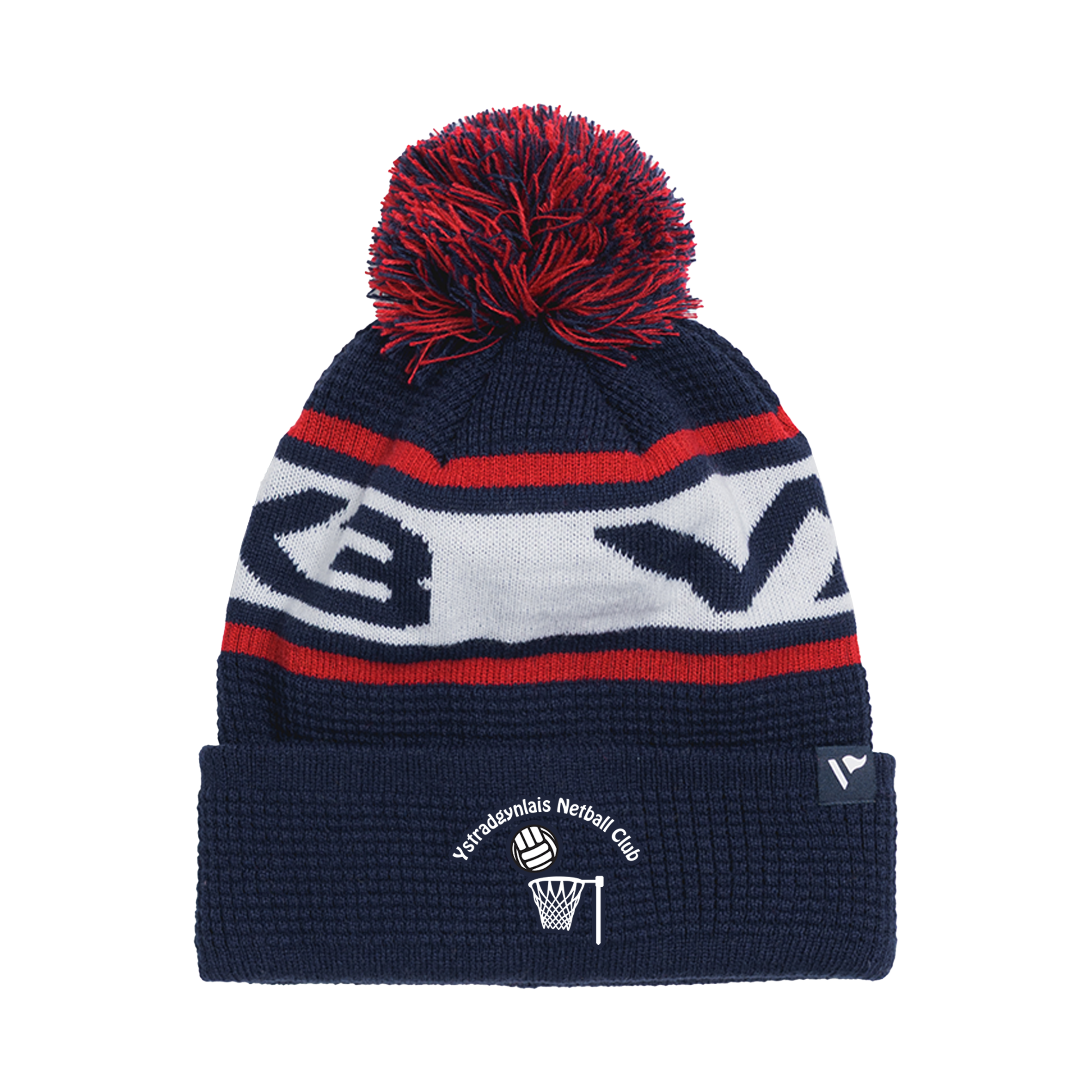 Ystradgynlais Netball Waffle Knit Bobble Hat - Navy/Red/White