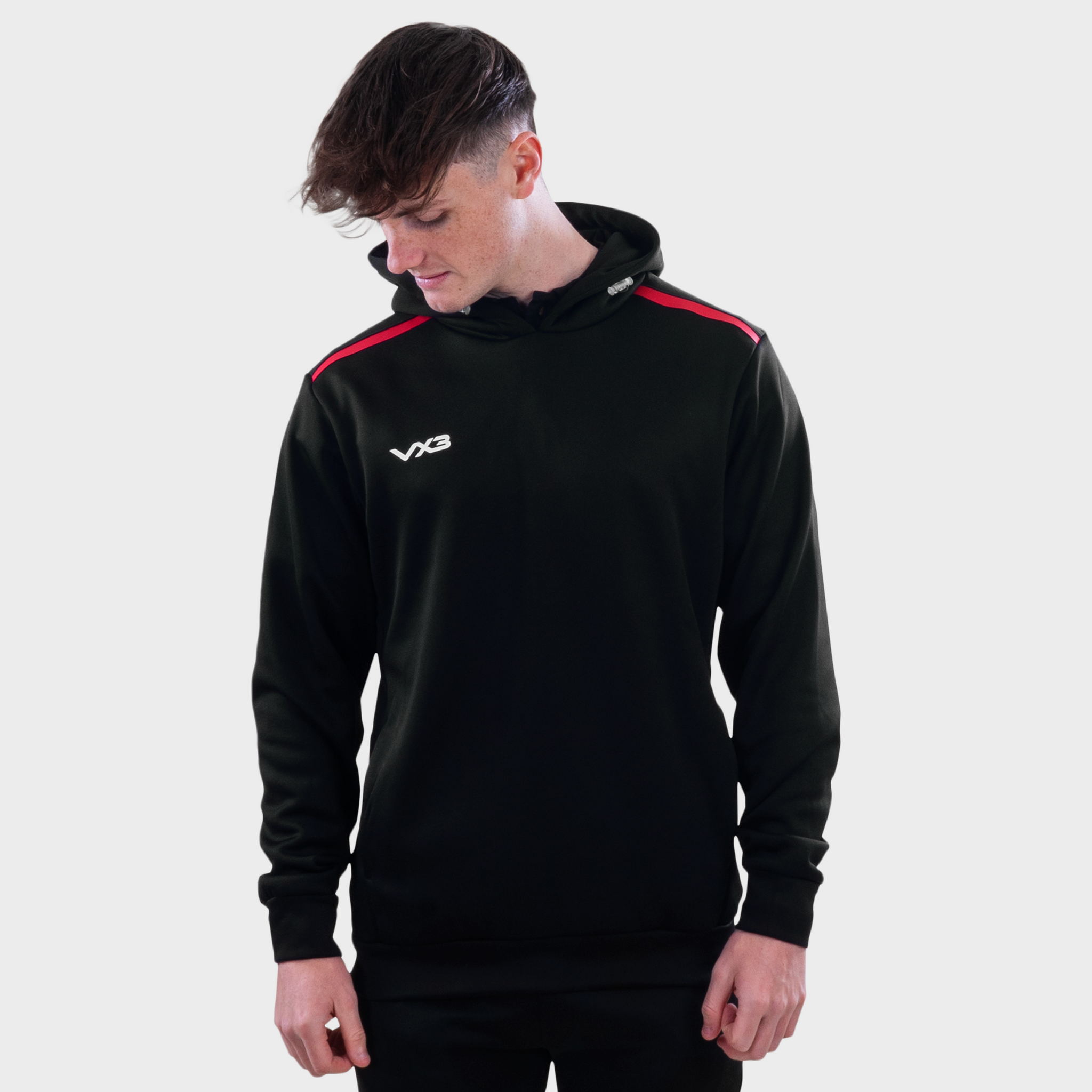 Black hoodie with top red stripes on sleeves