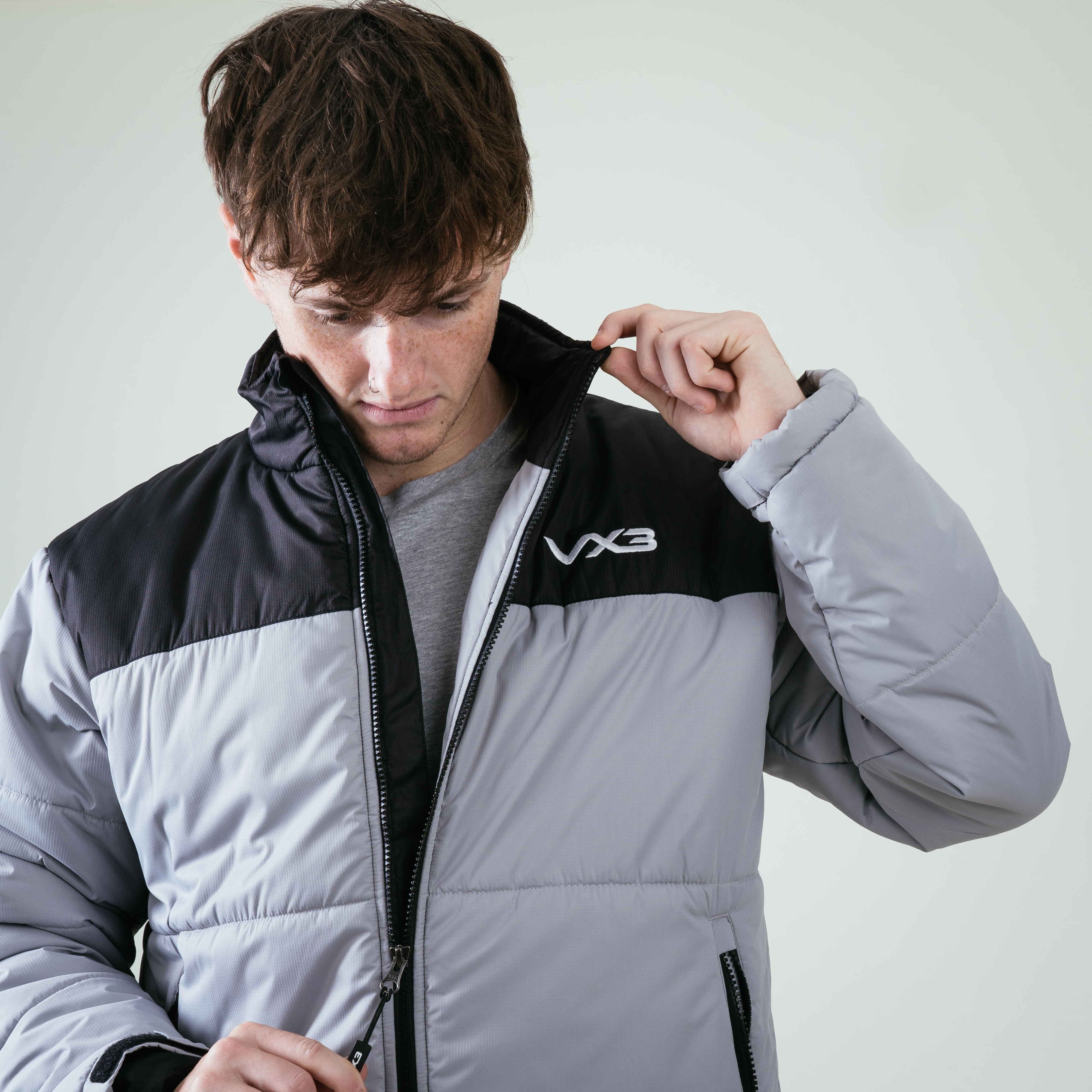 Omega Puffer Jacket Silver/Black VX3 Logo